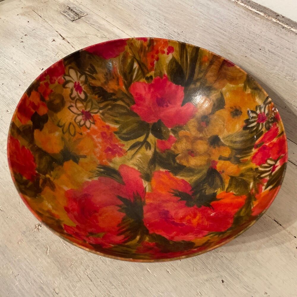 Vtg Floral Bowl Fiberglass Traymold - 1960s Yellow Pink Green Red Beautiful 11”